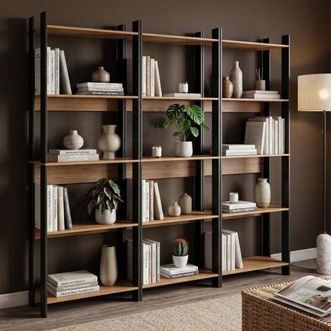 Estantes Escritório Home Office 189x178cm com 15 Prateleiras Mel/Preto