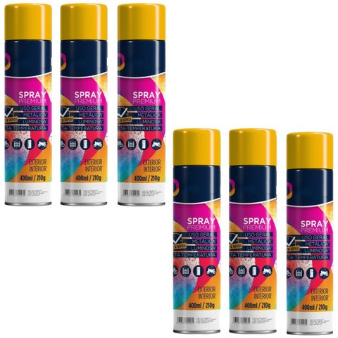 Tinta Spray 400ml Amarelo Uso Geral em Aço Ferro Gesso Couro Cerâmica | Universo | Kit 06 Un