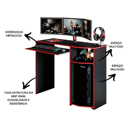 Escrivaninha Mesa Gamer Computador Notebook Estudo Trabalho:preto e Vermelho - 2