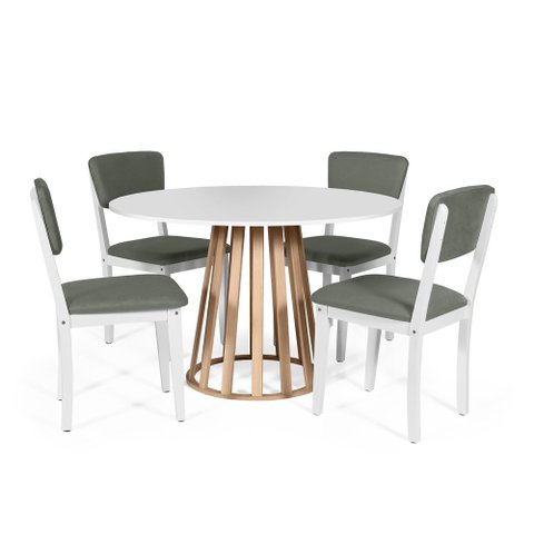 Mesa de Jantar Redonda Gabi Bran/jade com 4 Cadeiras Estofadas Ella Branco/cinza
