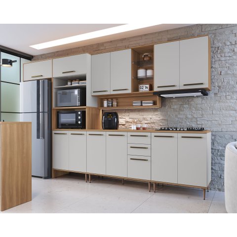Cozinha Modulada Completa 9 Peças com Torre Quente 13 Portas 2 Gavetas Isabelle Bege/Freijó/Arenas