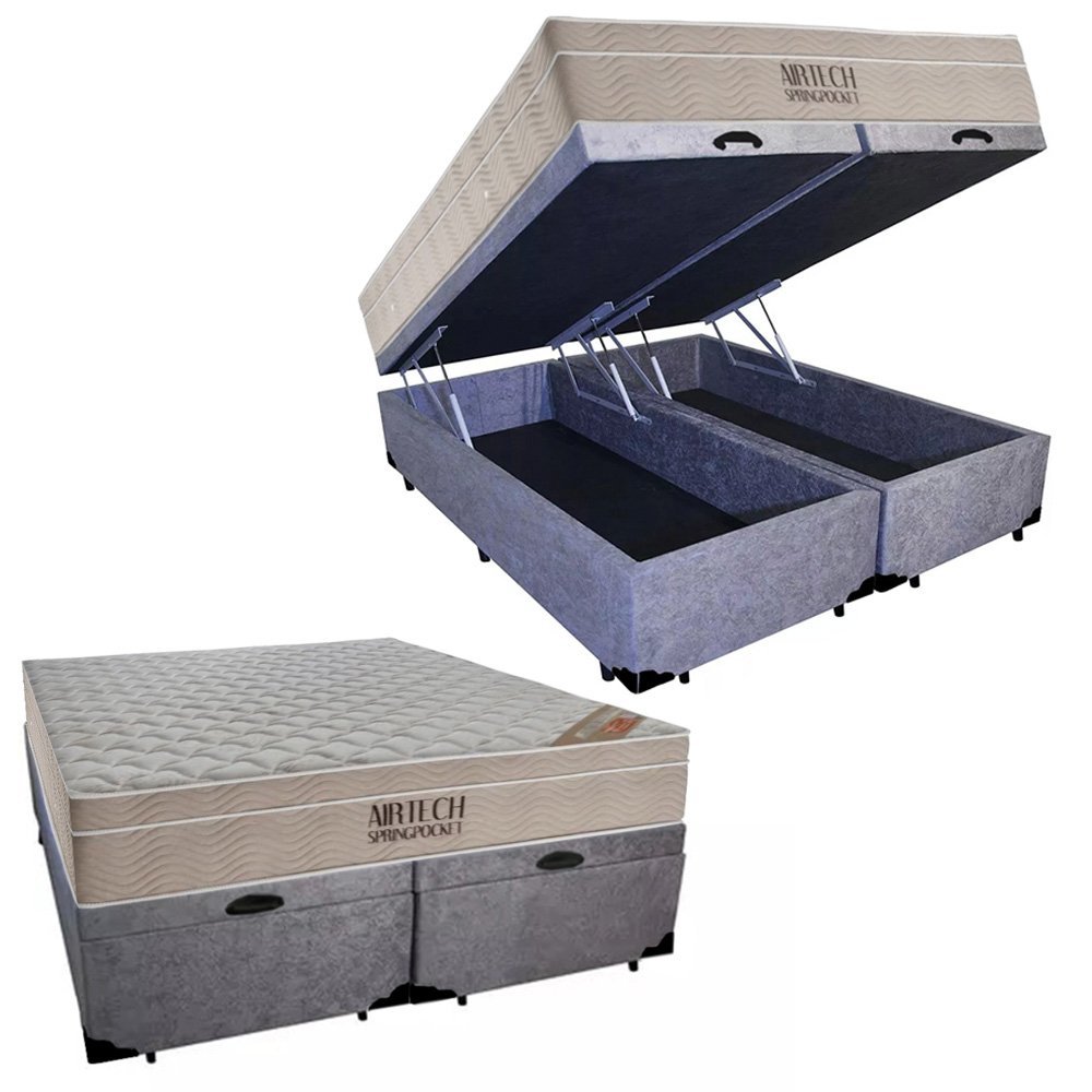 Cama Box Baú Queen Suede Bipartido + Colchão Ortobom Airtech Molas Ensacadas 158x198x65:cinza