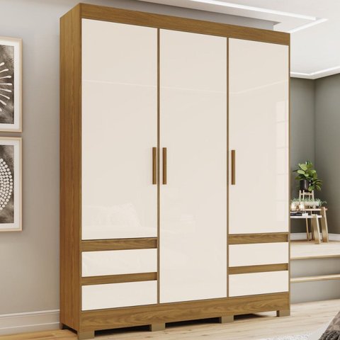 Guarda Roupa Solteiro 3 Portas 4 Gavetas Lema Briz Marrom/Nature/Off White