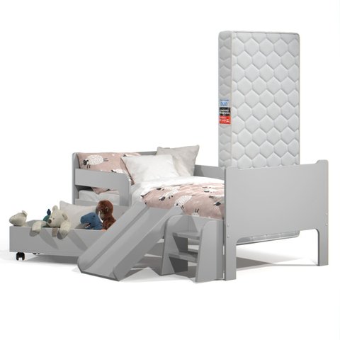 Mini Cama Infantil Montessoriana com Baú Bella + Colchão:cinza