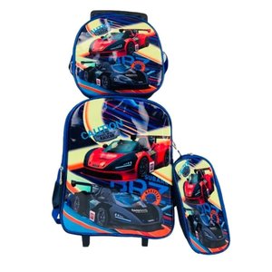 Kit Mochila Infantil Meninos com Rodinhas Carros Escolar Estojo Lancheira Térmica Bolsa Completa
