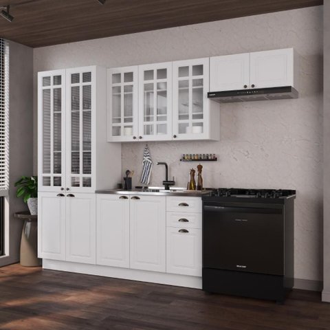 Cozinha Compacta Modulada Nara 12 Portas 2 Gavetas MDF 280cm Branco Fidelita Móveis