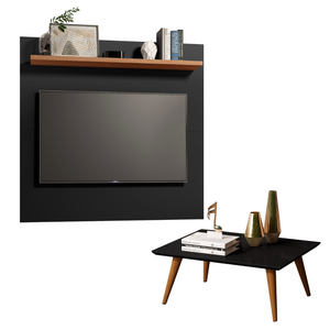 Kit Sala de Estar Preto/freijó Mesa de Centro Retangular e Painel para Tv com Prateleira Ajustável