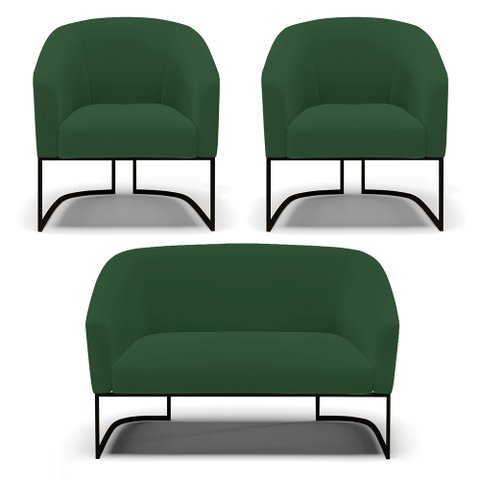 Sofá Namoradeira e 2 Poltronas Base Industrial Preto Stella Veludo Verde D03 - D'Rossi