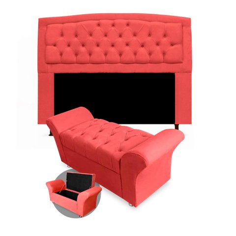 Kit Cabeceira Geovana + Calçadeira Baú Veneza Casal 140cm Suede - Renascer Decor:Vermelho