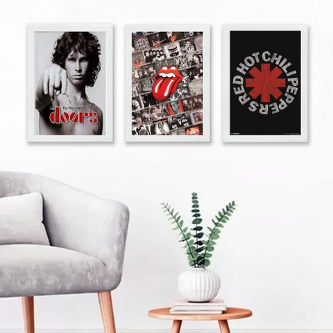 Kit 3 Quadros Decorativos Bandas de Rock posters 45x34cm:madeira Branca