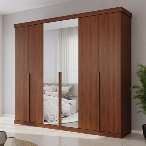 Guarda-Roupa Casal 6 Portas com Espelhos 267cm MDF Linhares Marrom/Jequitiba