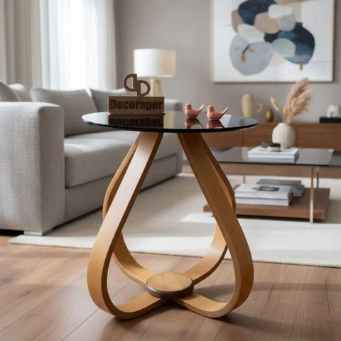 Mesa Lateral Bela Alice Redonda MDF Vidro Laqueado 45cm Preto Decoraper