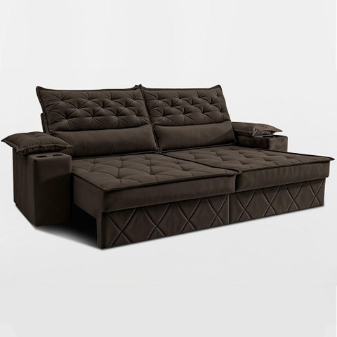 Sofá Retrátil e Reclinável 2,40m com Porta Copos e Molas Cosmos Velusoft Café Cama Inbox