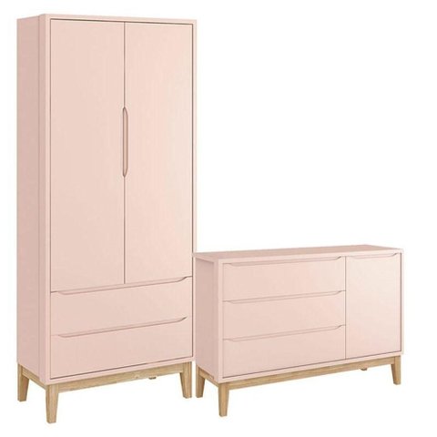 Cômoda com Porta e Guarda Roupa Infantil 2 Portas New Classic Rosa com Pés Madeira Natural -