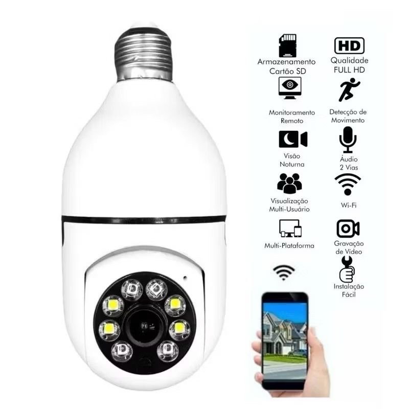 Câmera Segurança Lâmpada Infravermelho Wifi 360° E27 Bivolt - 3