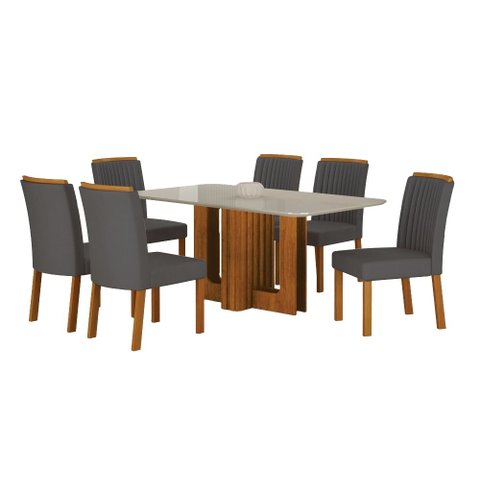 Conjunto Sala de Jantar Sofia 1,60m Tampo Vidro Off com 6 Cadeiras Jade Cinamomo/Joli Chumbo