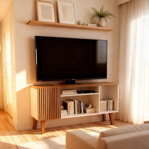 Rack Retrô para TV até 55 Polegadas MDF 115cm Pés em Madeira Maciça Retro 1 Porta Ripada