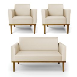 Sofá Namoradeira com 2 Poltronas Base de Madeira Fixa Castanho Marisa Corino Bege - D'rossi - 1 Sofá Namoradeira com 2 Poltronas Base de Madeira Fixa Castanho Marisa Corino Bege - D'rossi - 1