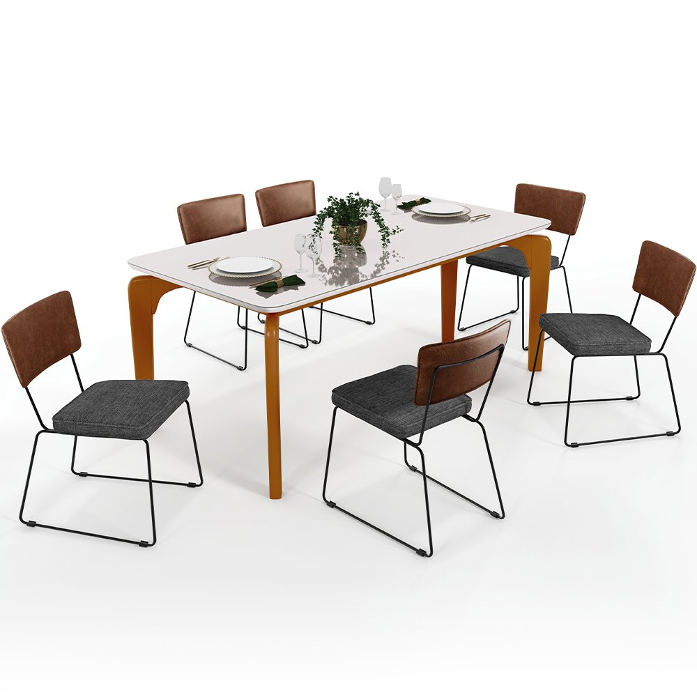 Conjunto de Mesa de Jantar com 6 Cadeiras Lívia Linho Off White e Turim 200  cm