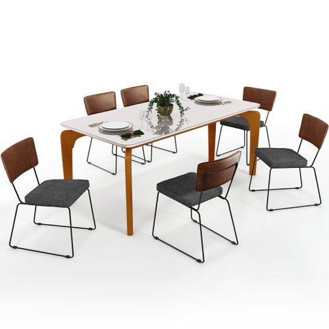 Mesa Capri 160cm Off White E 6 Cadeiras Allana B05 Couríssimo Marrom Linho Cinza Escuro - Lyam