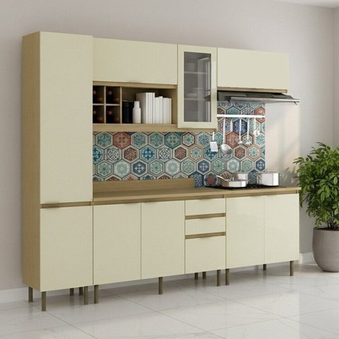 Cozinha Modulada 7 Peças 2 Aéreos 2 Balcões 1 Paneleiro e Tampos Branco/Nature