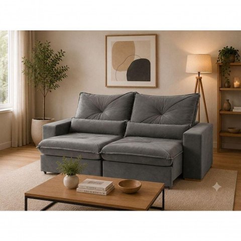 Sofá com Chaise Veneza 3 Lugares Retrátil e Reclinável 250cm Cinza