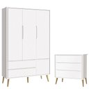 Ver imagem 1 de Cômoda Gaveteiro Infantil e Guarda Roupa 3 Portas Theo Branco Acetinado Pés Madeira Natural – Reller