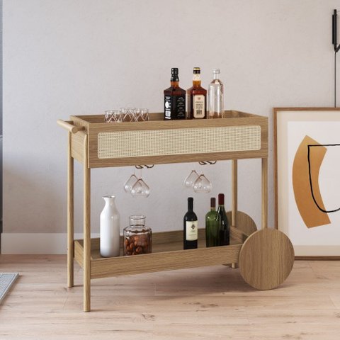 Carrinho Bar Oslo com Porta Taça Palinha Hanover ou Nero Base Madeira - Artesano