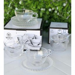 Combo 4 Xícaras 180 Ml com Pires + 1 Açucareiro Pearl Bolinha Wolff Transparente - 2