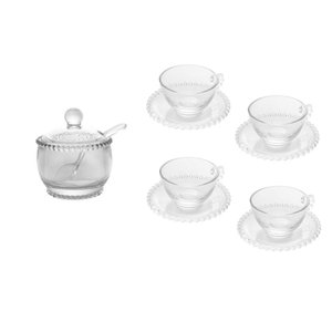 Combo 4 Xícaras 180 Ml com Pires + 1 Açucareiro Pearl Bolinha Wolff Transparente