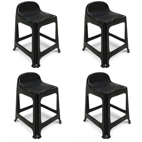 Kit 4 Banquetas de Plástico Banquinho com Encosto Preto Empilhável