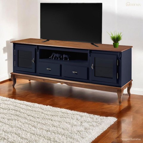 Rack para Tv Pés Luis Xv 2 Gavetas 2 Portas e Nicho 60503 Linz Móveis- Azul Petróleo/imbuia Glazer