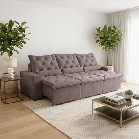 Sofá Retrátil 2.30m Soft Conforto Elevado Suede Delicado e Reclinável Mega Acolhedor Milão Bege