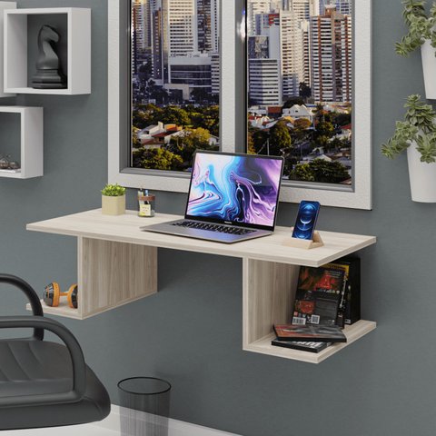 Mesa Suspensa Escrivaninha Computador 900x420 C/ Prateleiras - Carvalho