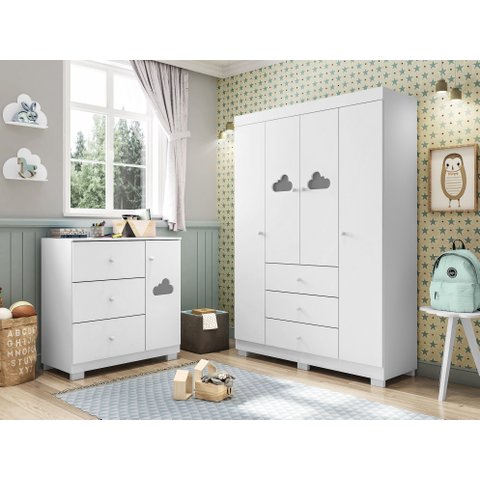 Quarto Infantil Bebê Nuvem Cômoda e Guarda Roupa Branco 4 Portas _ Phoenix Baby
