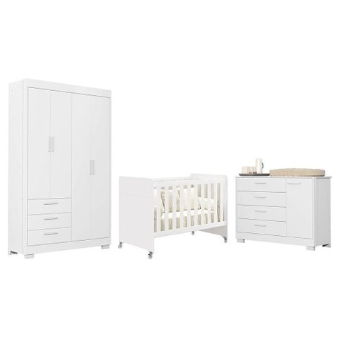 Dormitório Infantil Zaki Guarda Roupa Cômoda e Berço 4 Portas 3 Gavetas MDF Branco Fosco Reller