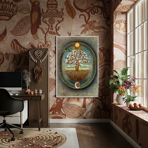 Quadro Decorativo Místico Árvore da Vida - 70x50cm:moldura Branca
