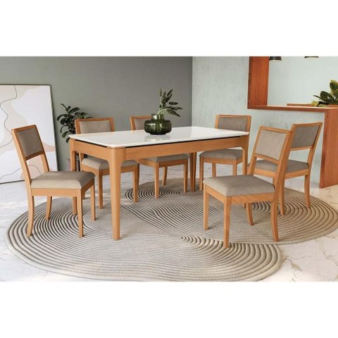 Mesa Cozinha Mira Premium Madeira Maciça C/ Tampo Madeirado C/ Vidro 160x90cm e 6 Cadeiras Alice