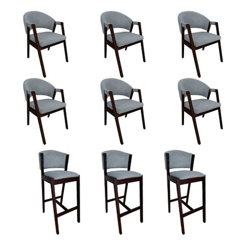 Kit 6 Cadeiras de Jantar Helen com 3 Banquetas Ana Madeira Maciça Castanho Premium Linho Cinza