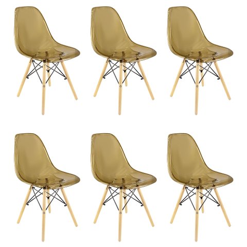 Kit 6 Cadeiras Charles Eames Cristal Eiffel Wood Designer Transparente