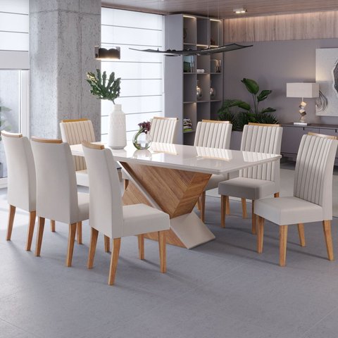 Conjunto Sala de Jantar 8 Lugares Retangular Tampo de Vidro/MDF Atlantis