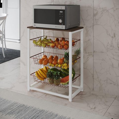 Fruteira com Suporte para Micro-ondas Barcelona Aço Branco Cesto Cobre Tampo Amêndoa - Cor: Marrom