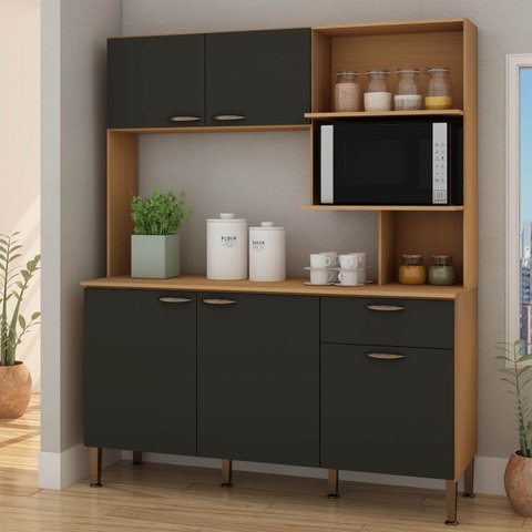 Cozinha Compacta 155 cm com Tampo 1 Gaveta 5 Portas com Nicho para Micro-Ondas Cinamomo/Grafite