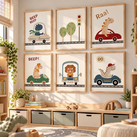 Kit 6 Quadros Infantil Animais Safari Quarto Bebê 40x60 Moldura Madeira NO4