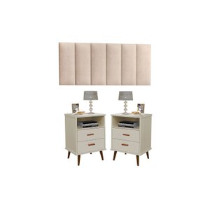 Kit 2 Mesa de Cabeceira 2 gavetas pés retrô -itália- Com Cabeceira Queen 1,60 cm -areia- - Off white