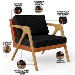 Kit 04 Poltronas Decorativas Sala Estar Pietra L02 Couríssimo Camel Linho Chumbo - Lyam Decor - 4