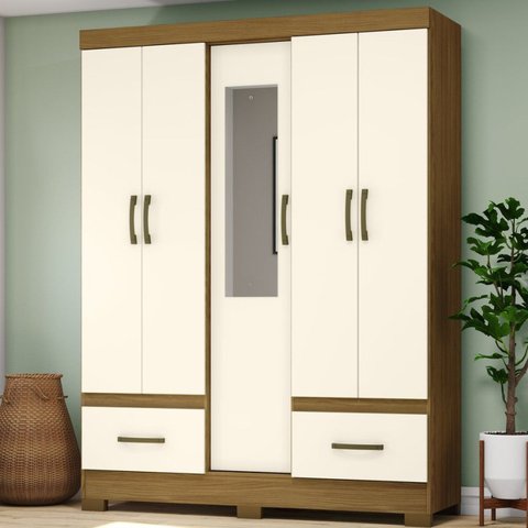 Guarda Roupa Solteiro 5 Portas 2 Gavetas Chale Briz Bege/Nature/Off White