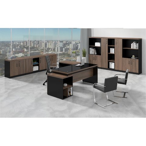 Mesa Diretor C/ Vidro Web40 1,72 C/ Gaveteiro - Ameixa/preto