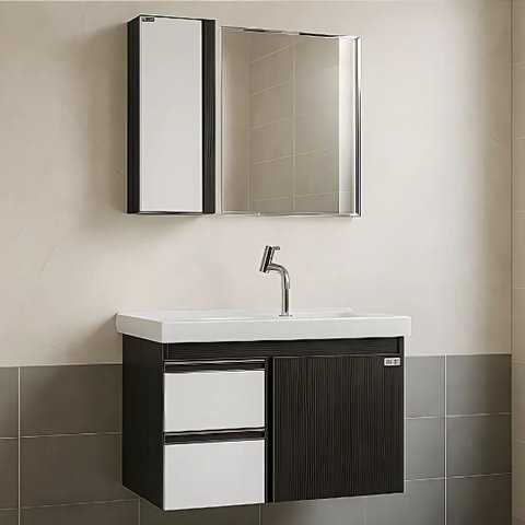 Conjunto Gabinete Banheiro 58cm com Cuba Espelheira Armário:nero/branco