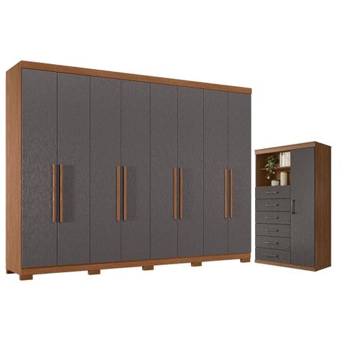 Guarda Roupa Casal 8 Portas 4 Gavetas Master New com Pés e Cômoda Marabá Jatobá Grafite Acetinado -S